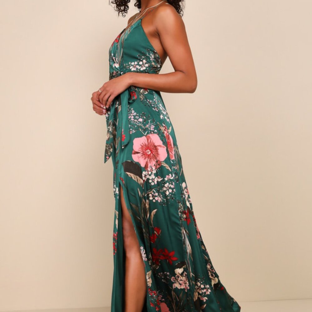 Lulus Still The One Emerald Green Floral Print Satin Maxi Dress - Size M